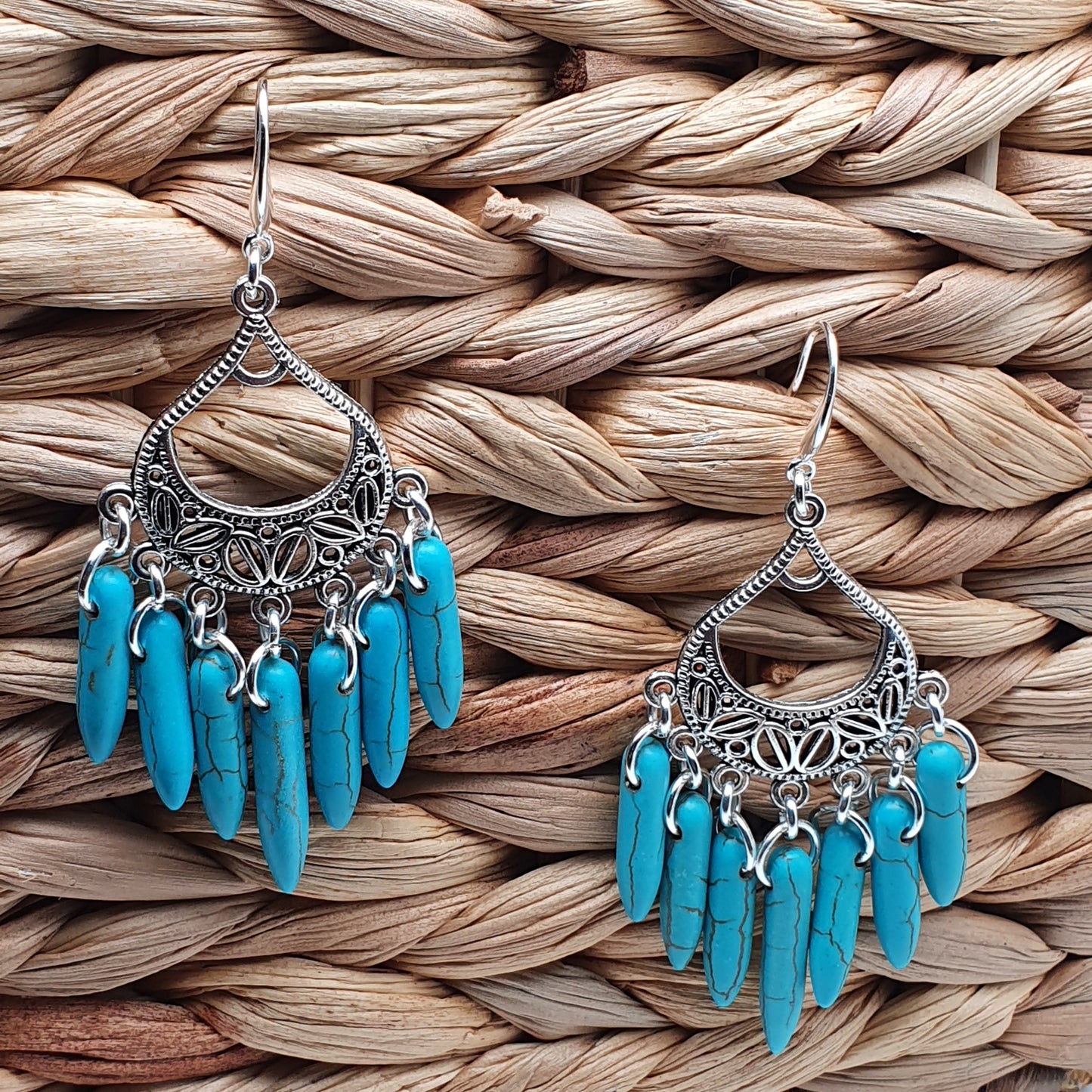 Turquoise Blue Howlite Chandelier Boho Earrings Long Dangle Drop