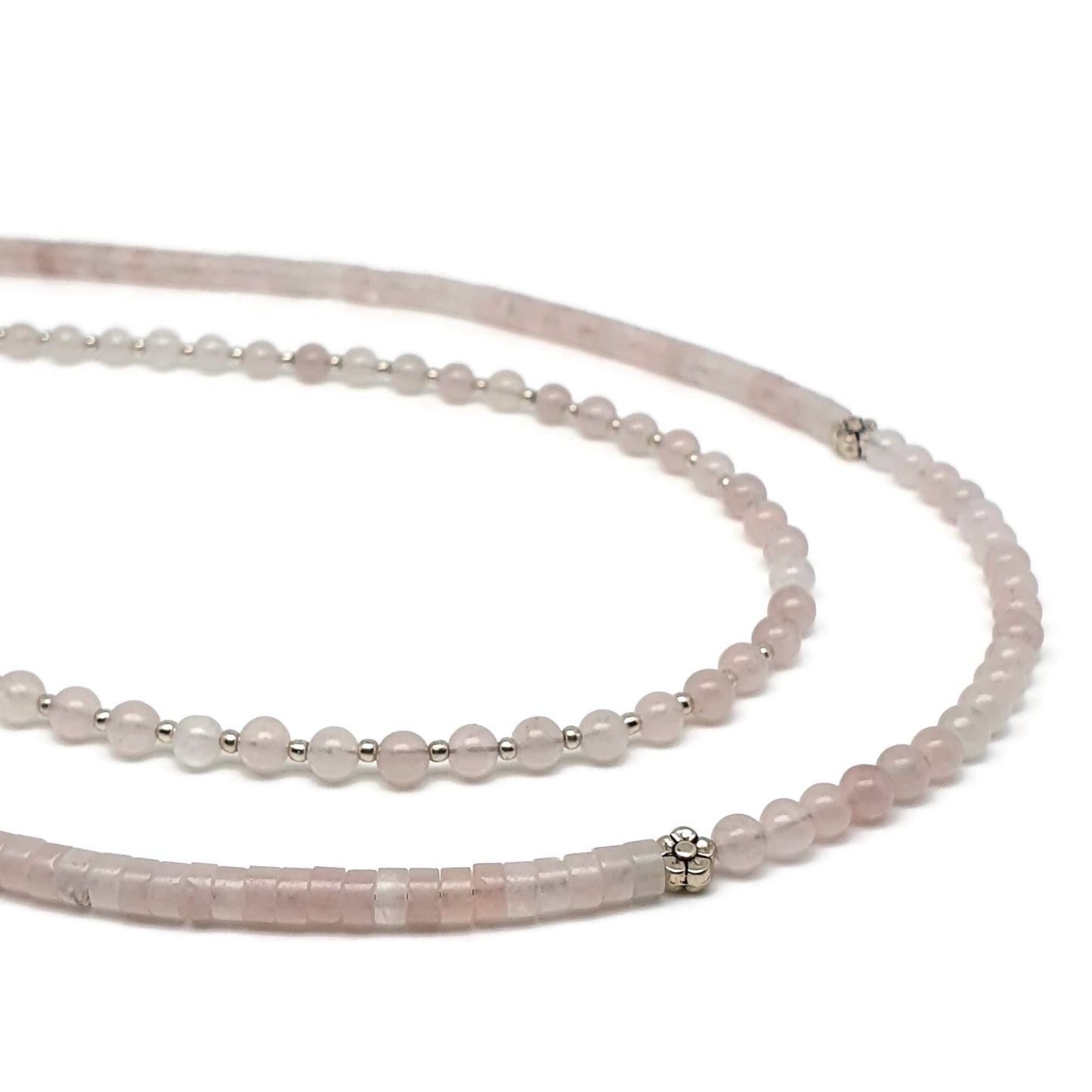 Pink Rose Quartz Beaded Collar Necklace Silver Plated