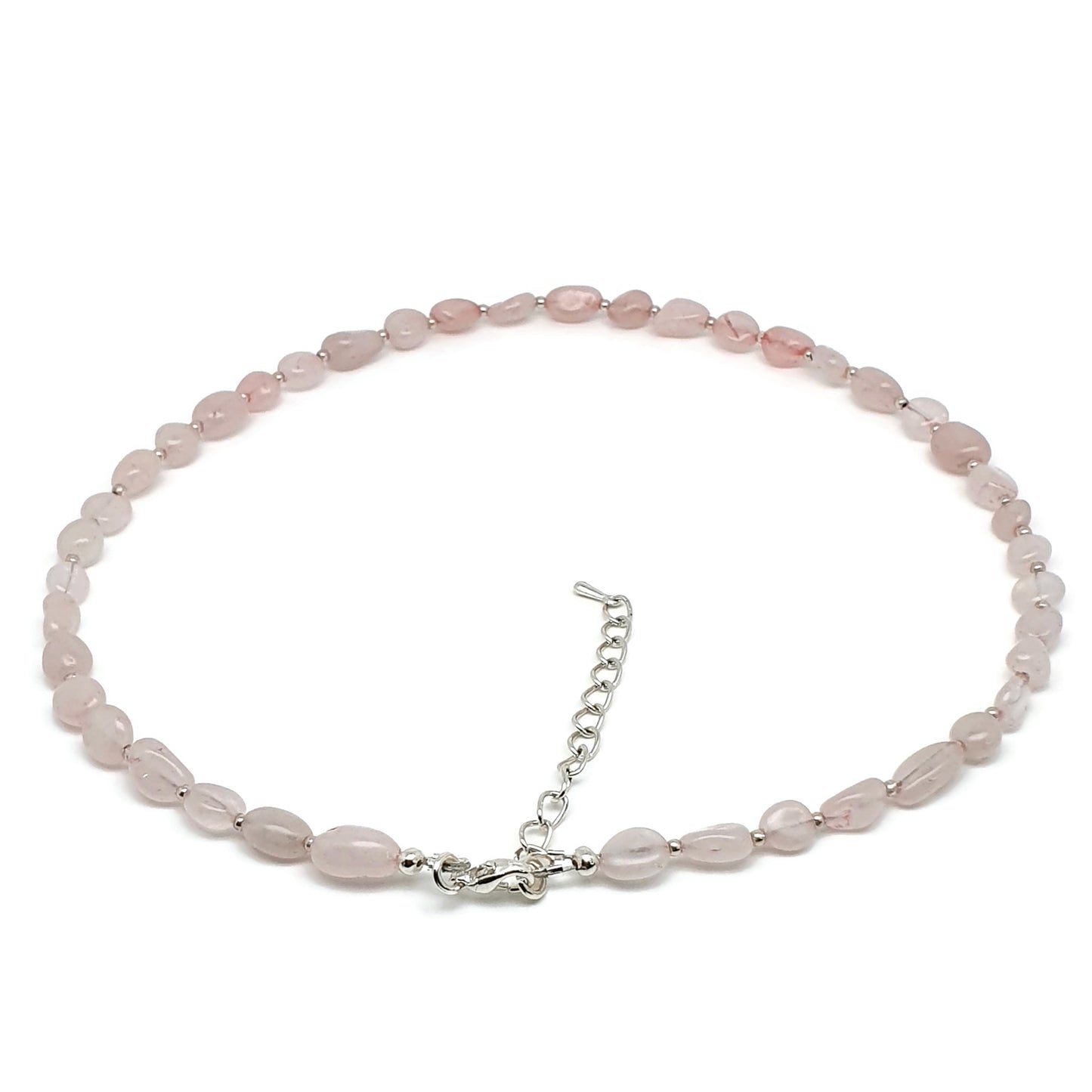 Rose Quartz Nuggets Necklace Beaded Natural Gemstone Collar Silver Plated