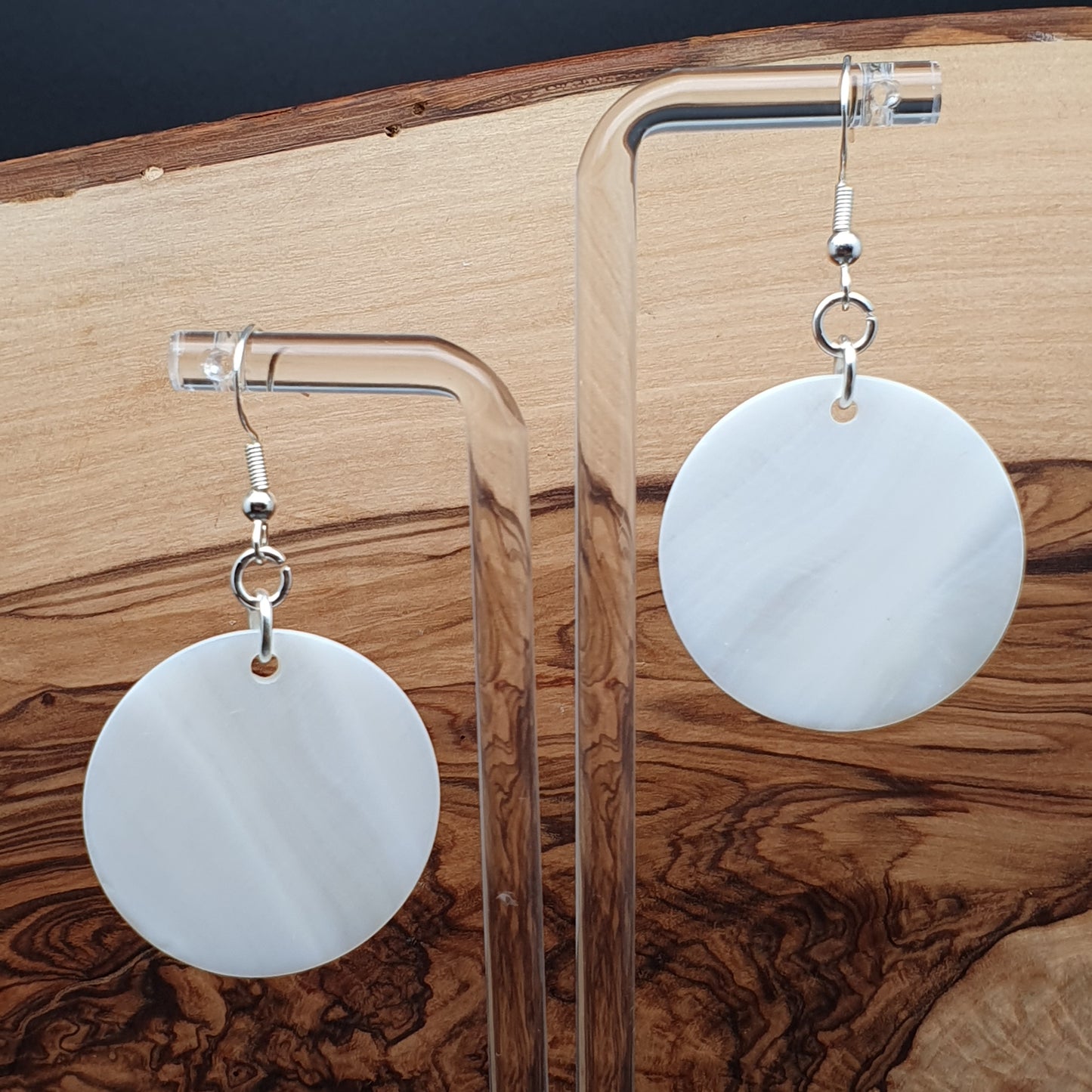 White Mother Of Pearl Disc Earrings Dangle Drop Round Shell