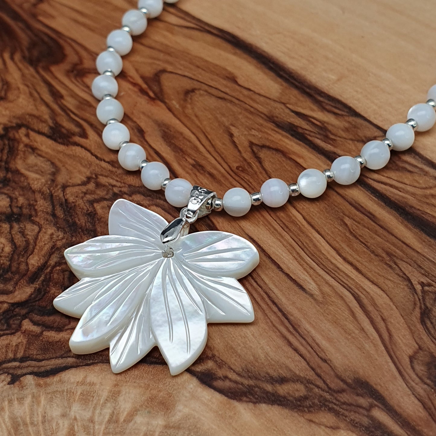 White Lotus Flower Necklace Natural Beaded Mother Of Pearl Carved Shell Pendant