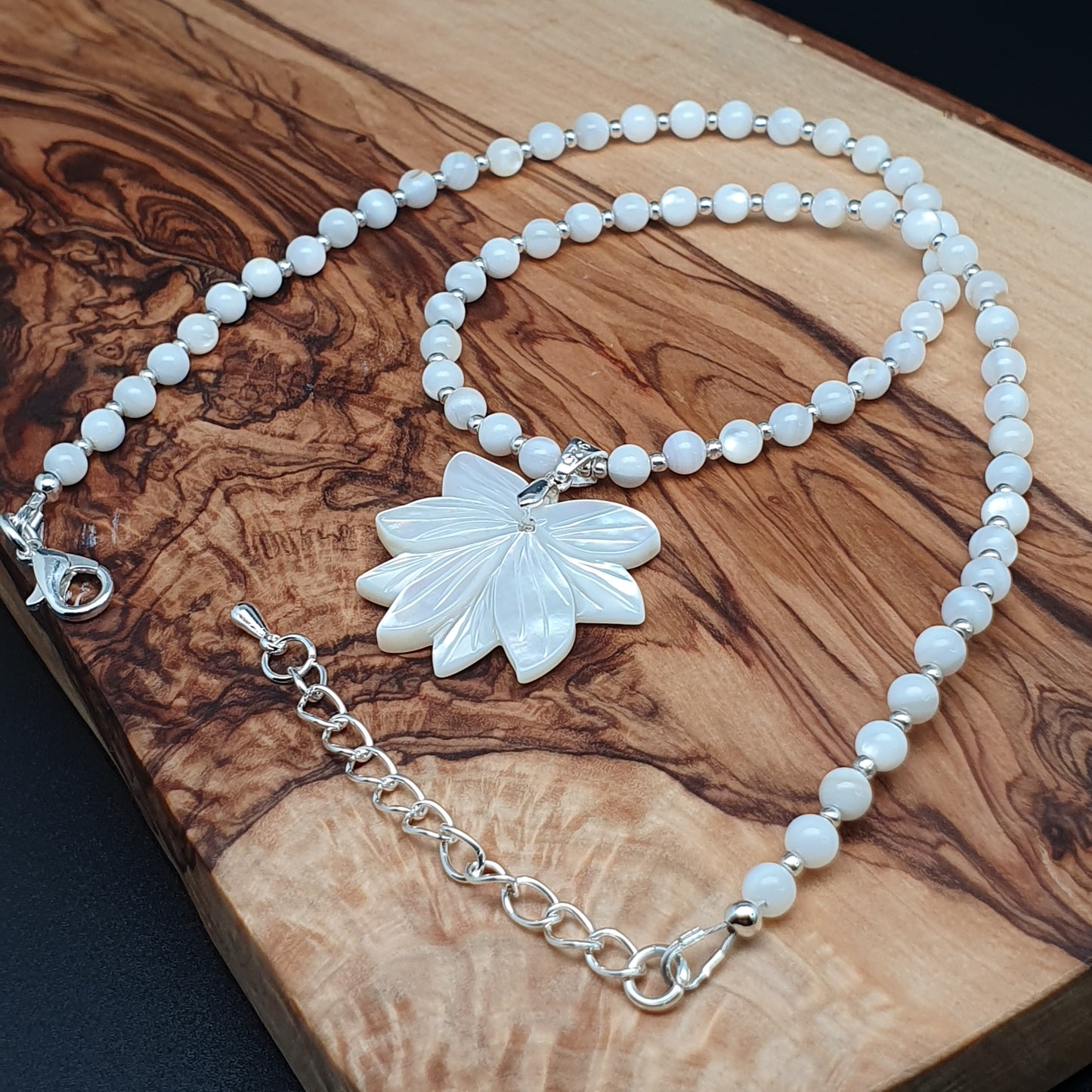 White Lotus Flower Necklace Natural Beaded Mother Of Pearl Carved Shell Pendant