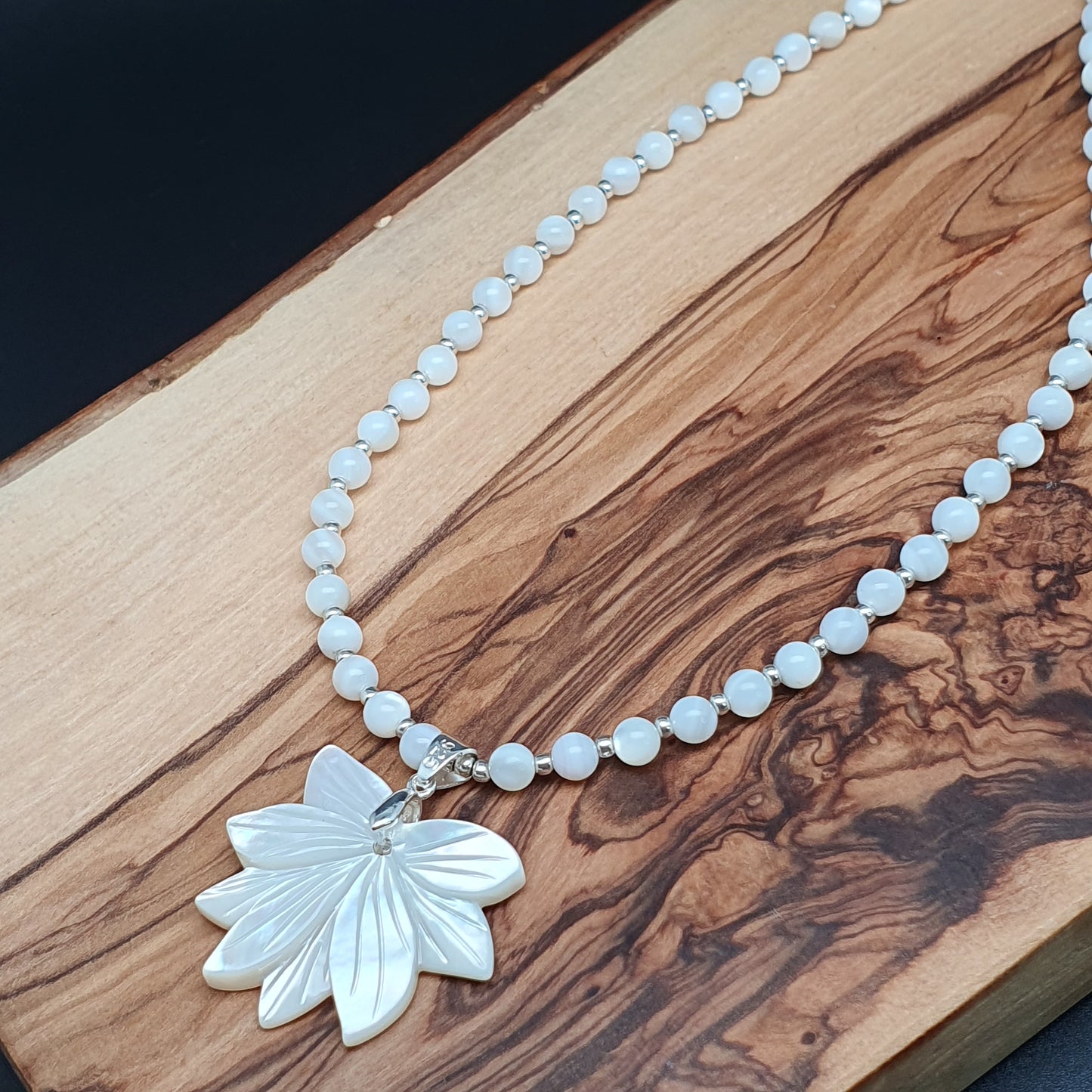 White Lotus Flower Necklace Natural Beaded Mother Of Pearl Carved Shell Pendant