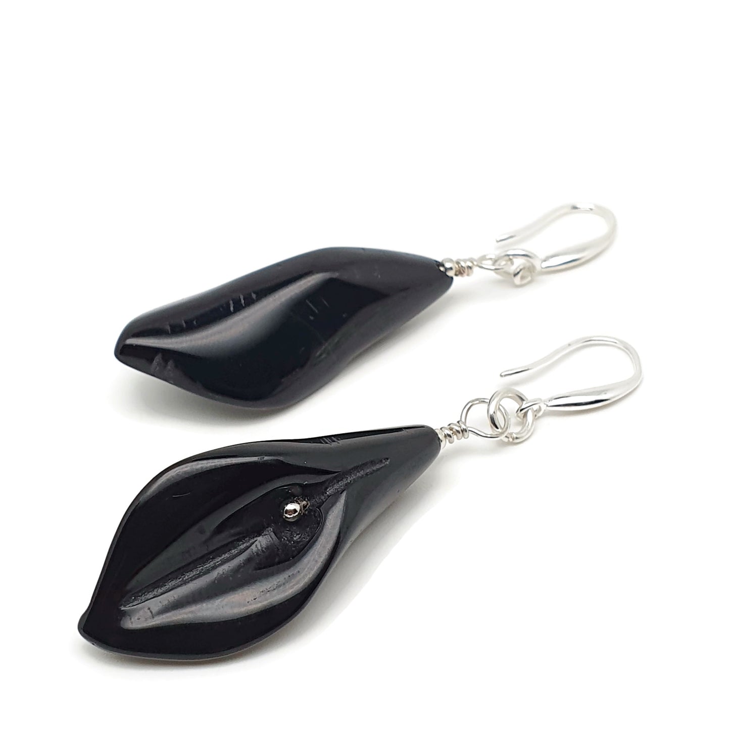 Natural Black Agate Calla Lily Dangle Drop Flower Boho Earrings