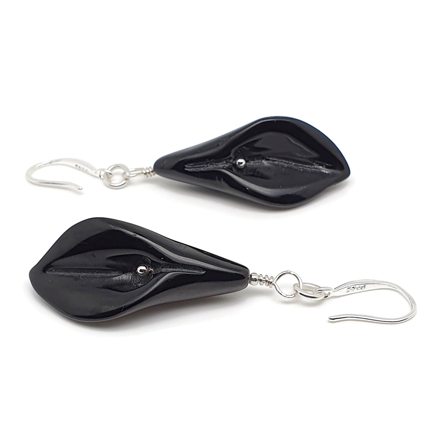 Natural Black Agate Calla Lily Dangle Drop Flower Boho Earrings