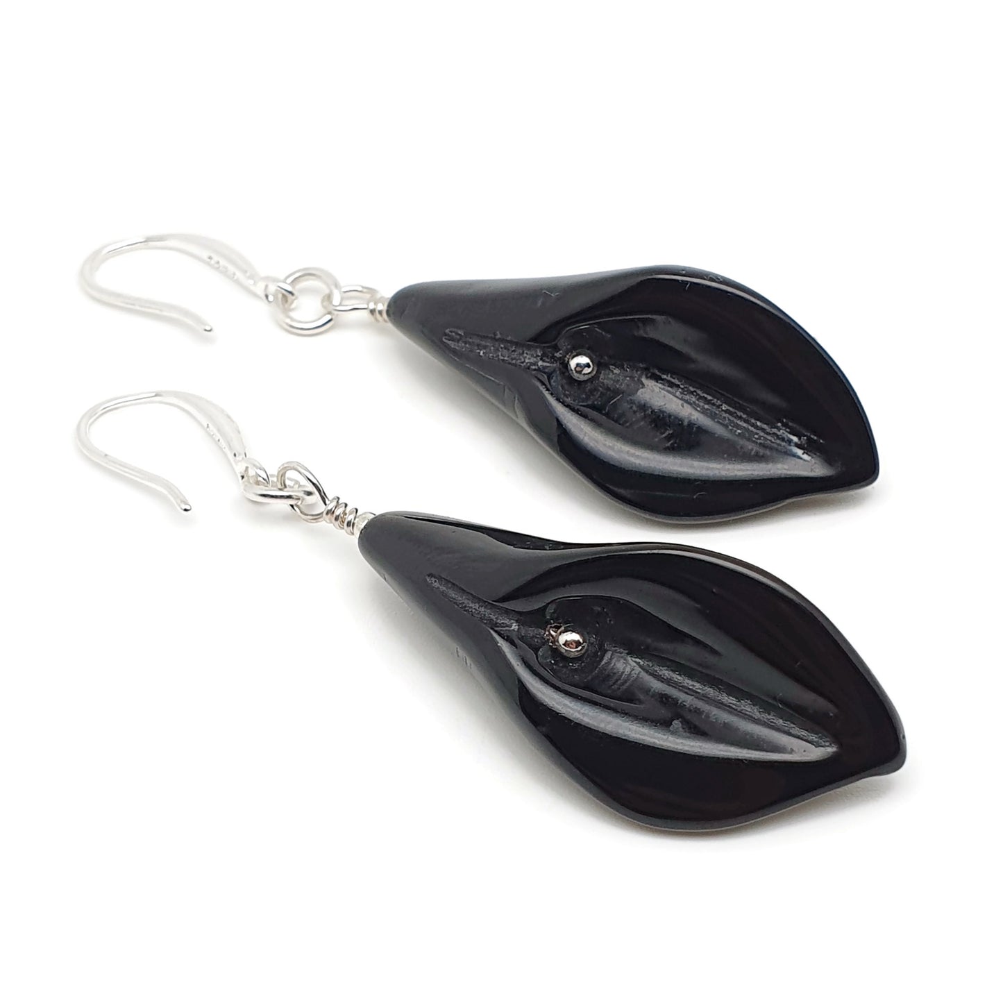 Natural Black Agate Calla Lily Dangle Drop Flower Boho Earrings