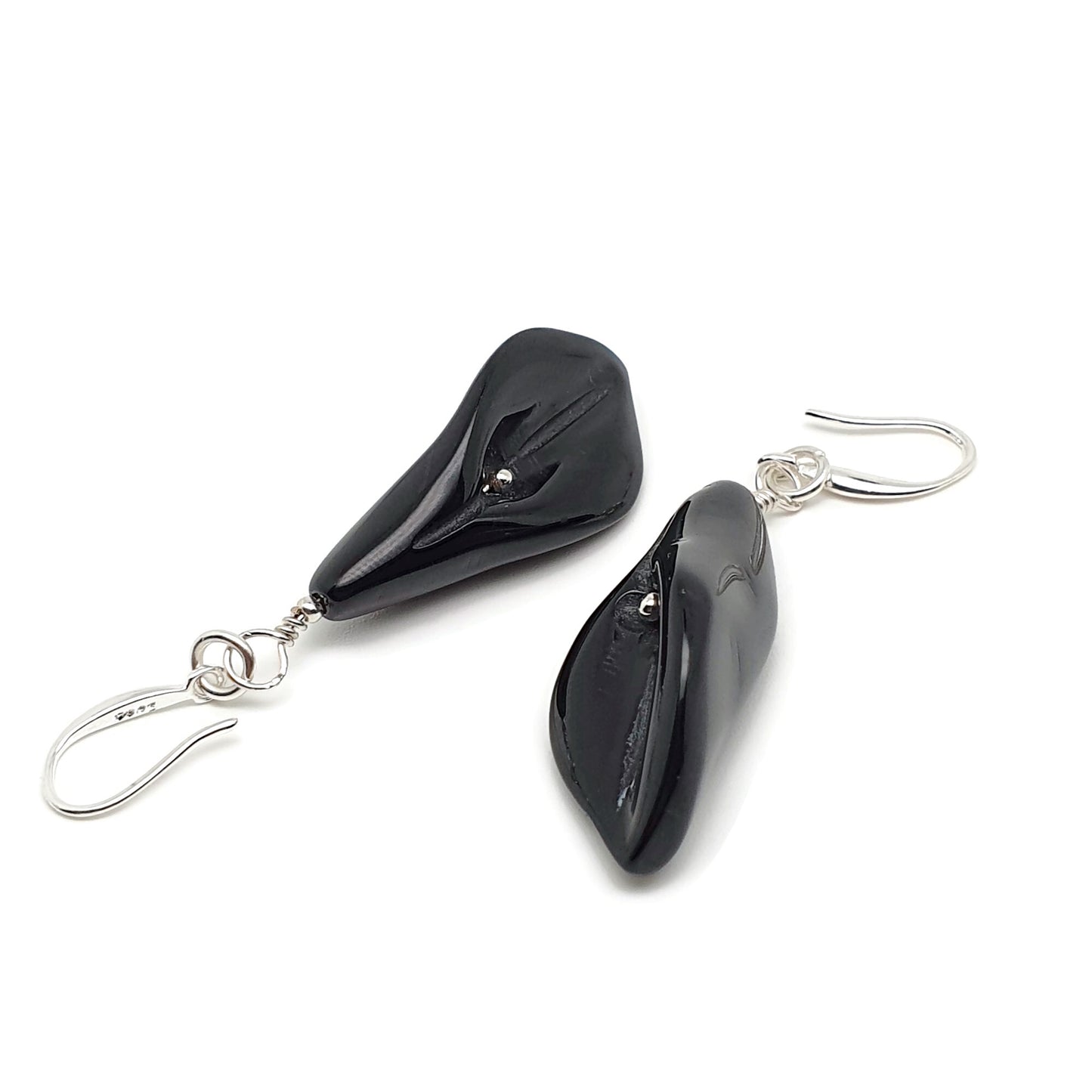 Natural Black Agate Calla Lily Dangle Drop Flower Boho Earrings