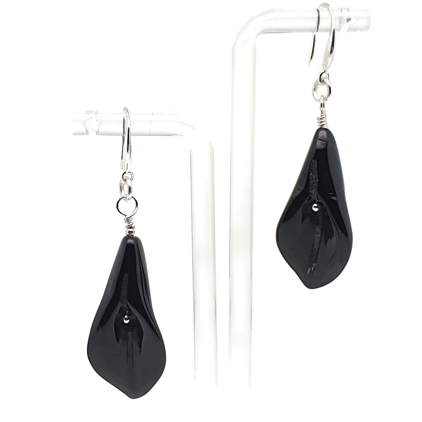 Natural Black Agate Calla Lily Dangle Drop Flower Boho Earrings