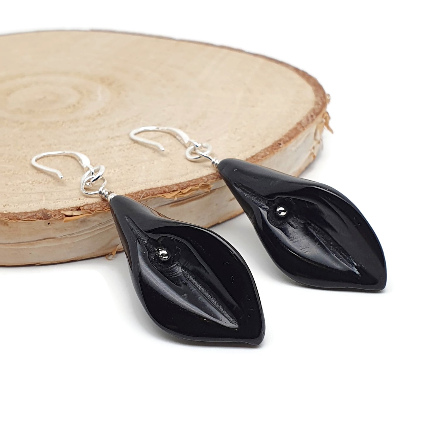 Natural Black Agate Calla Lily Dangle Drop Flower Boho Earrings