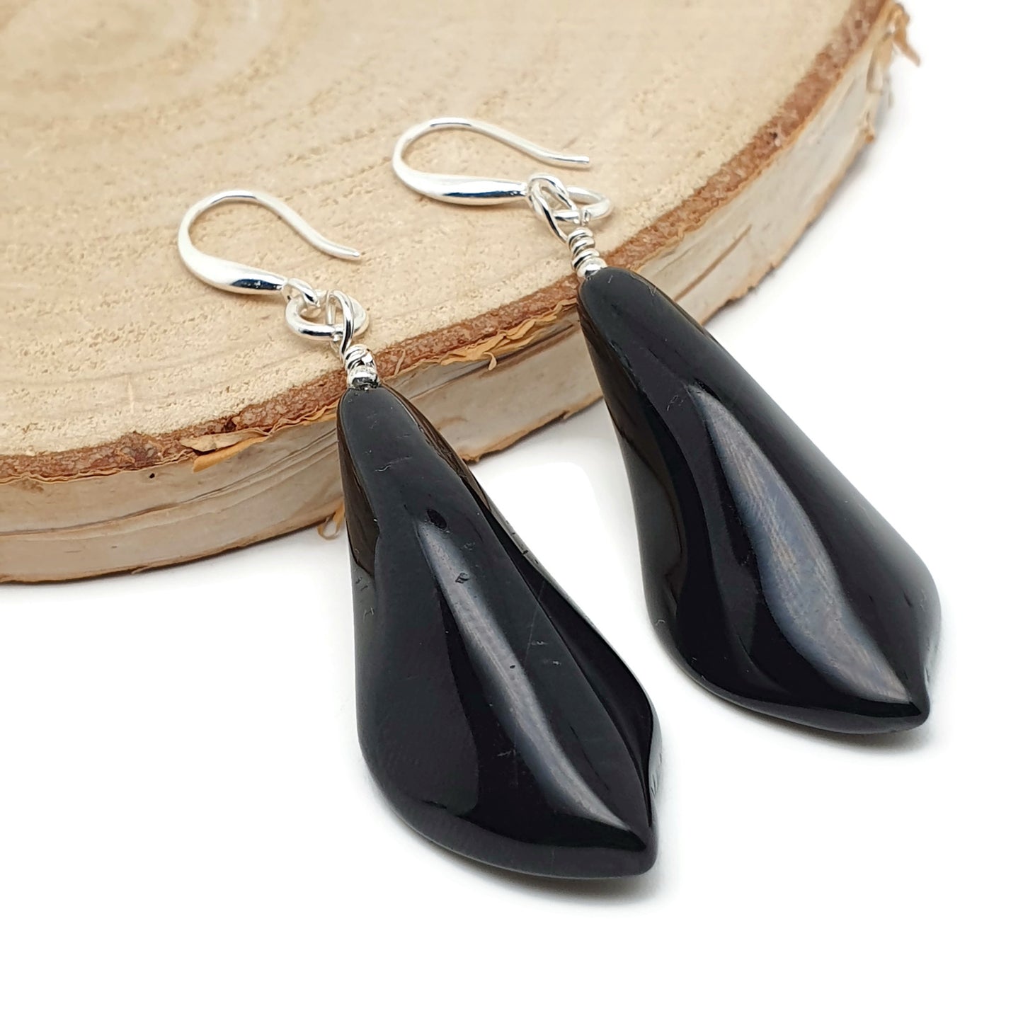 Natural Black Agate Calla Lily Dangle Drop Flower Boho Earrings