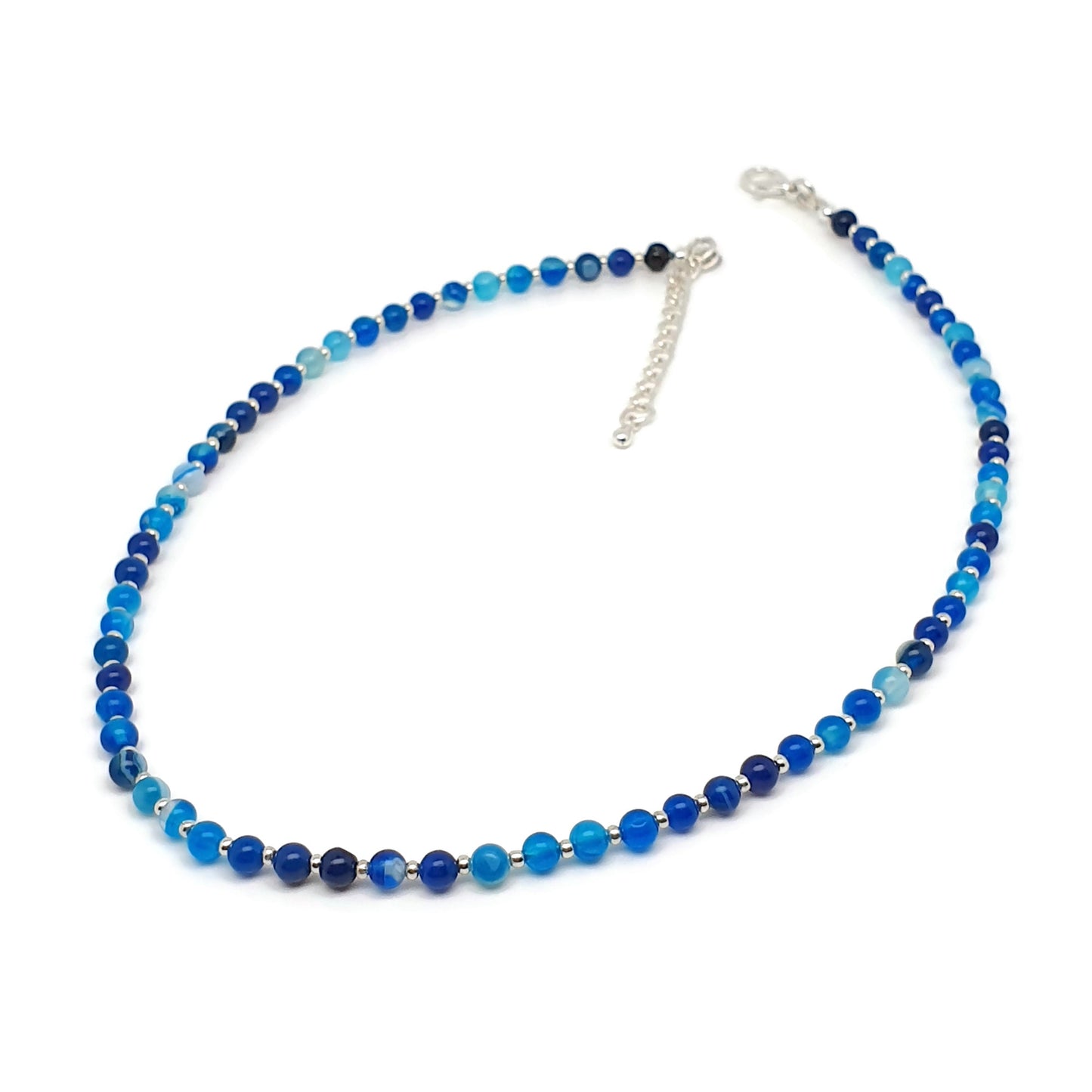 Blue Agate Beaded Collar Necklace Silver Plated