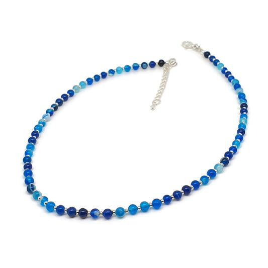 Blue Agate Beaded Collar Necklace Silver Plated