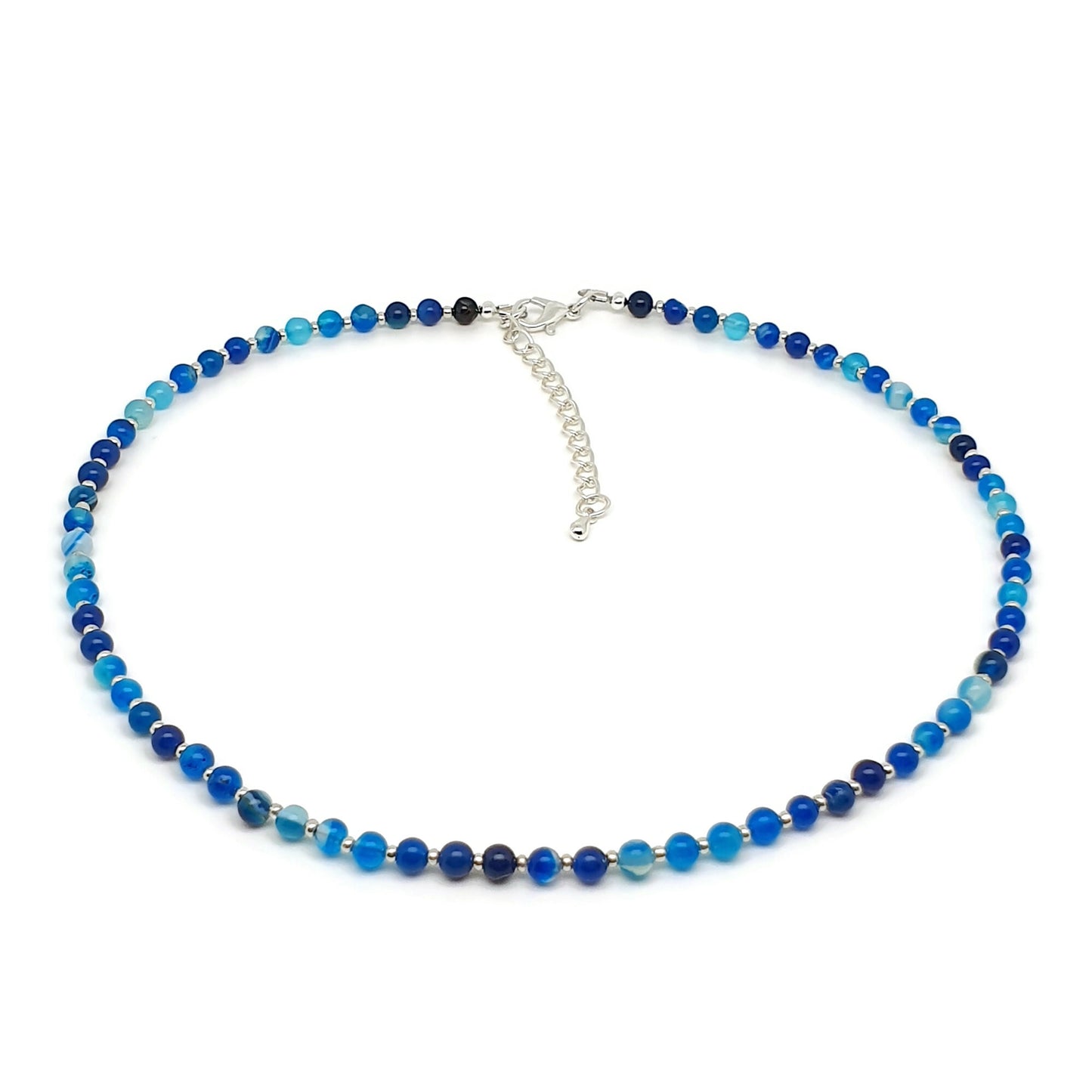 Blue Agate Beaded Collar Necklace Silver Plated