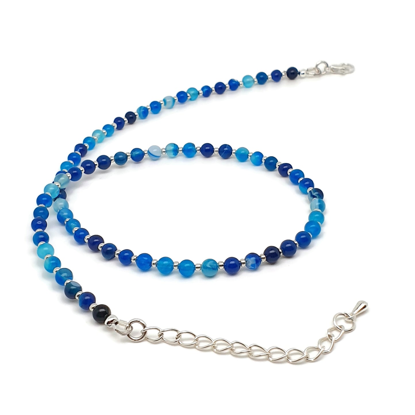 Blue Agate Beaded Collar Necklace Silver Plated