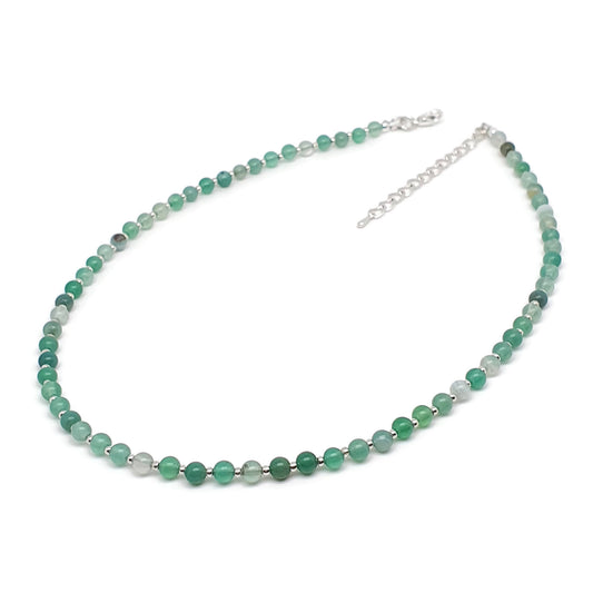 Green Agate Beaded Collar Necklace Silver Plated