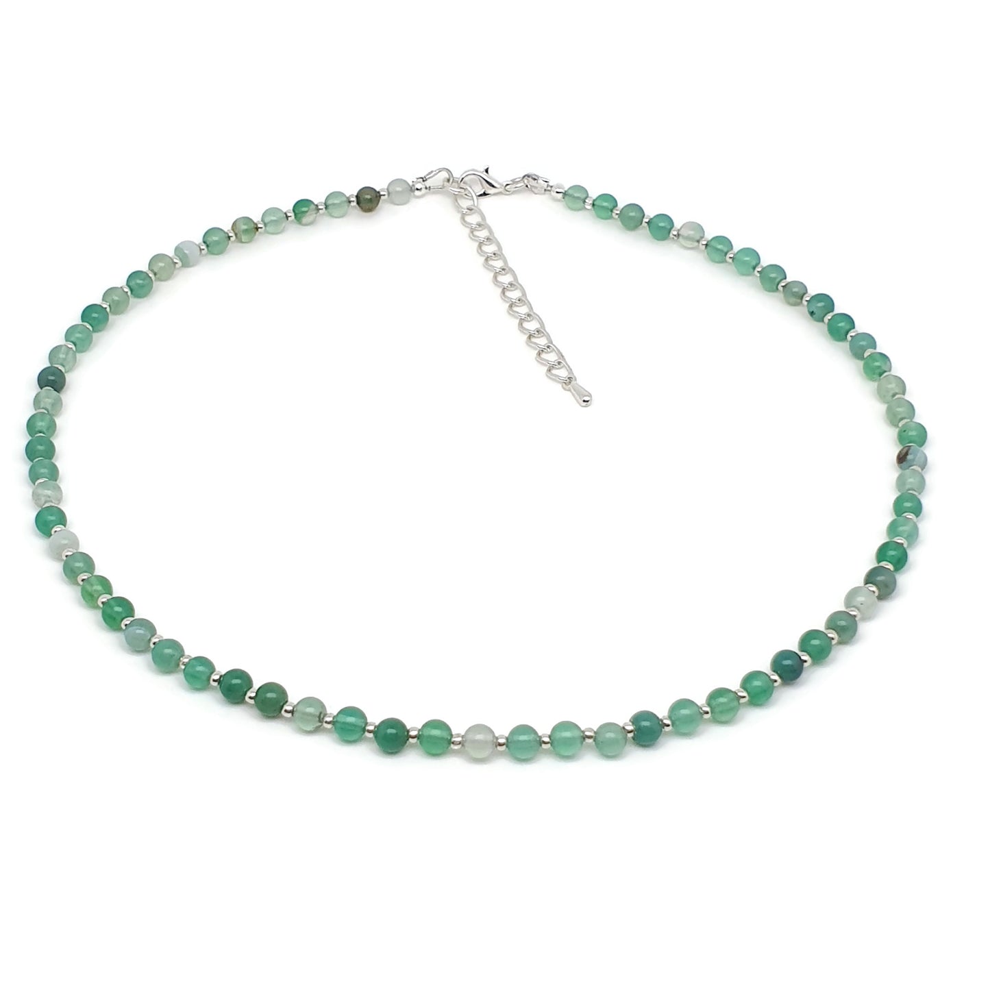 Green Agate Beaded Collar Necklace Silver Plated