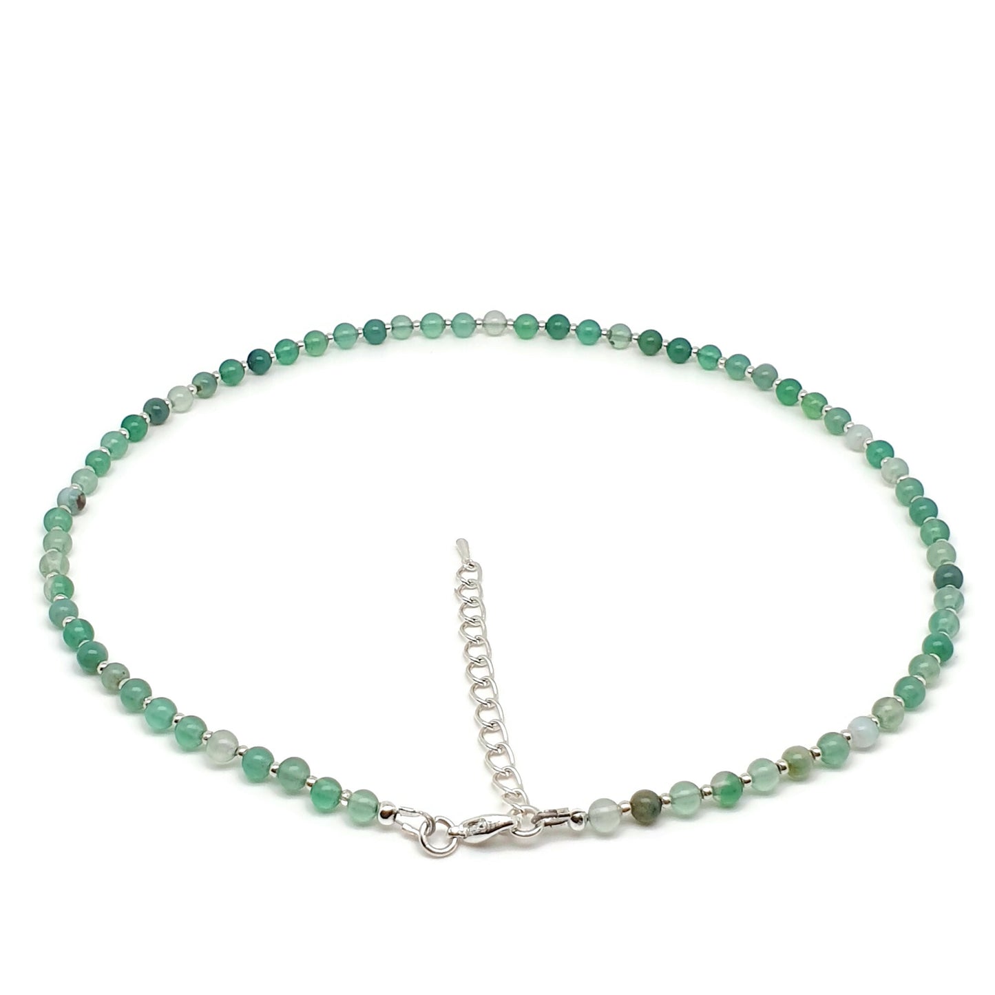 Green Agate Beaded Collar Necklace Silver Plated