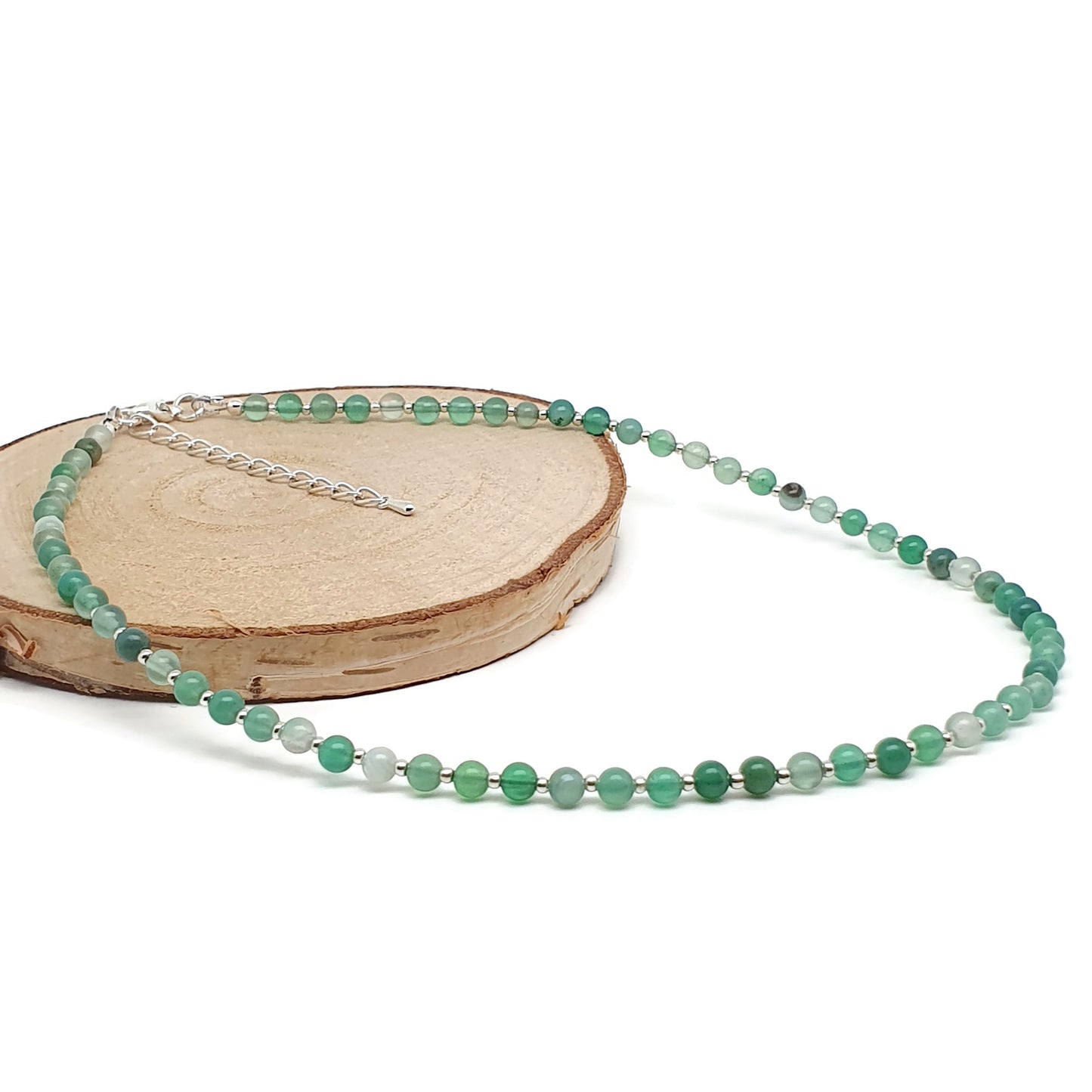 Green Agate Beaded Collar Necklace Silver Plated