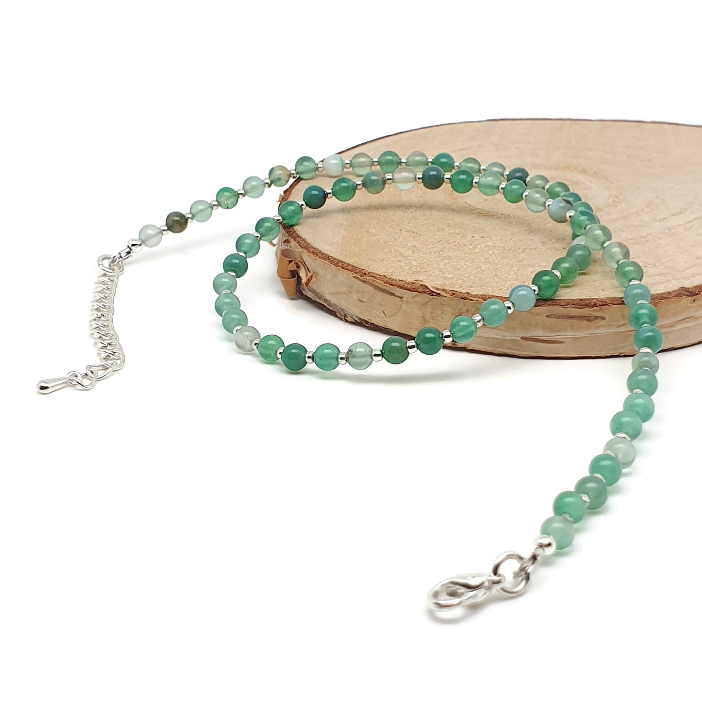 Green Agate Beaded Collar Necklace Silver Plated