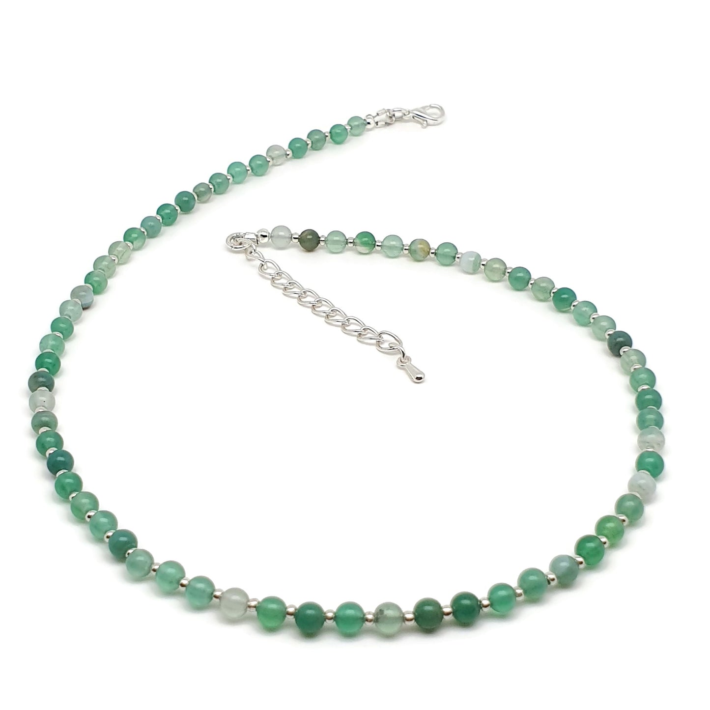 Green Agate Beaded Collar Necklace Silver Plated