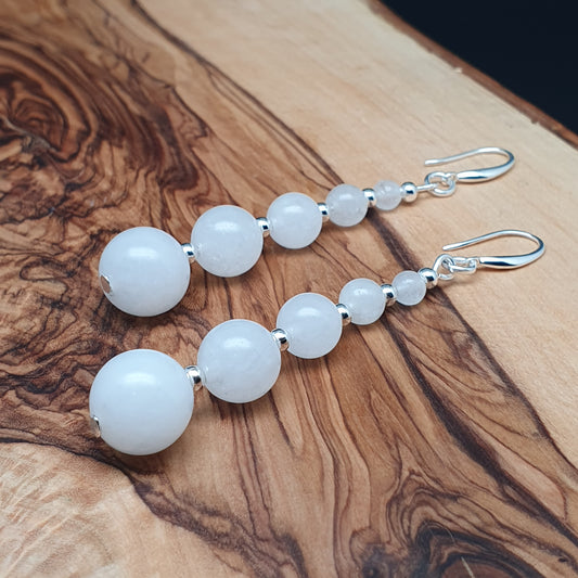 White Jade Beaded Graduated Gemstone Boho Earrings Long Dangle Drop