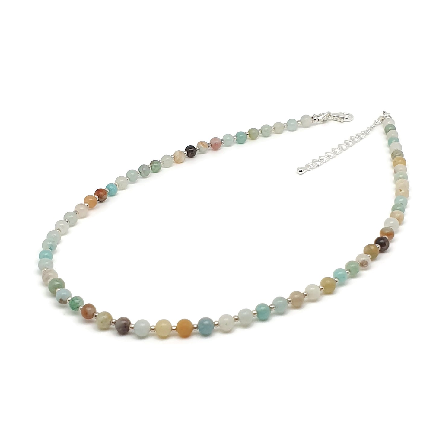 Natural Amazonite Beaded Necklace Gemstone Collar Adjustable Silver Plated