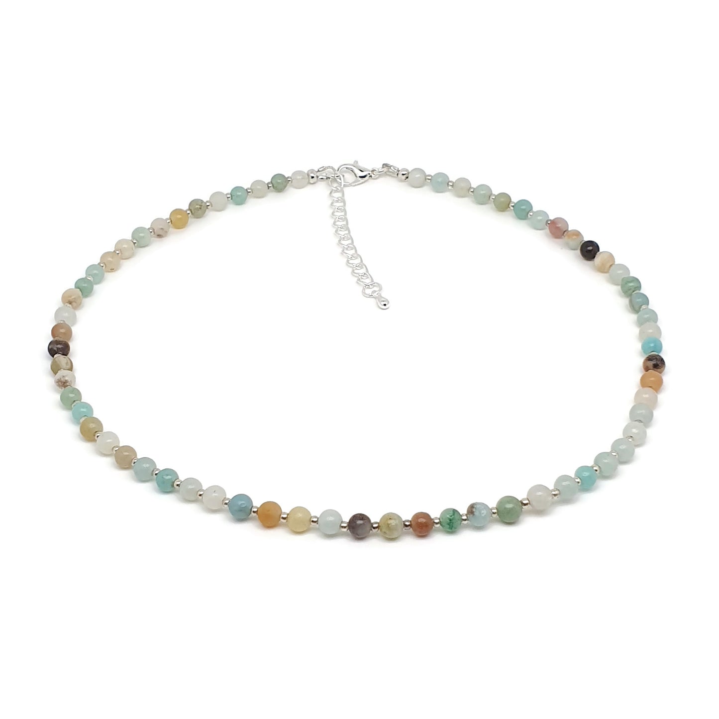 Natural Amazonite Beaded Necklace Gemstone Collar Adjustable Silver Plated