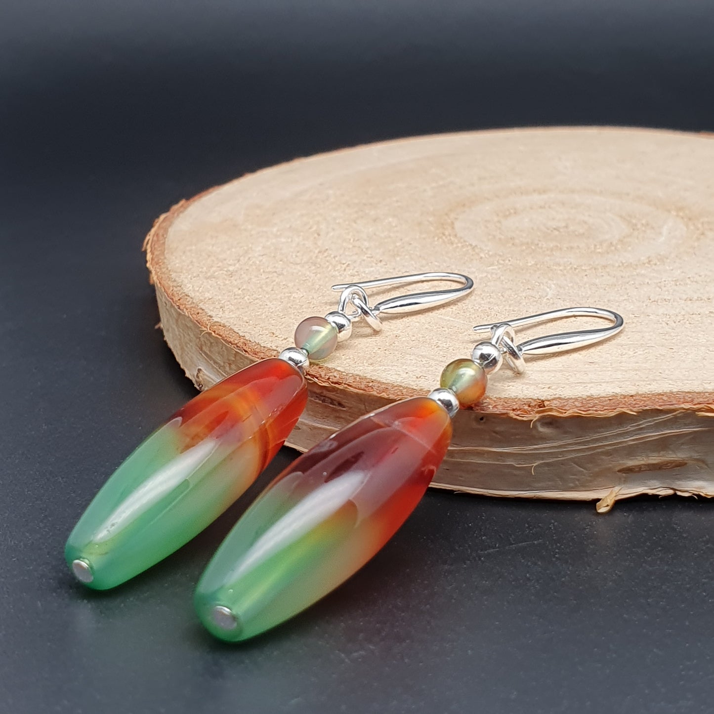 Colourful Peacock Agate Beaded Earrings Long Dangle Drop