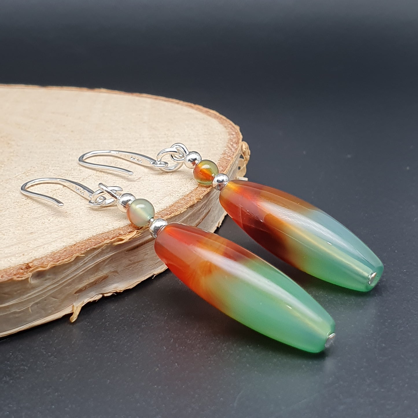 Colourful Peacock Agate Beaded Earrings Long Dangle Drop