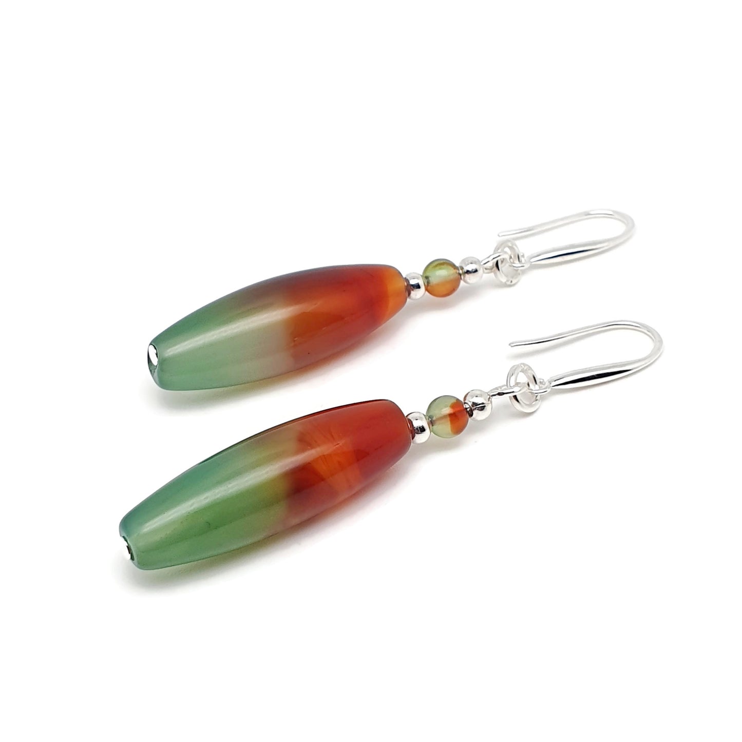 Colourful Peacock Agate Beaded Earrings Long Dangle Drop