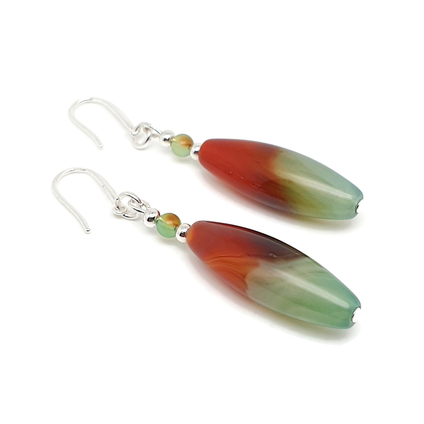 Colourful Peacock Agate Beaded Earrings Long Dangle Drop