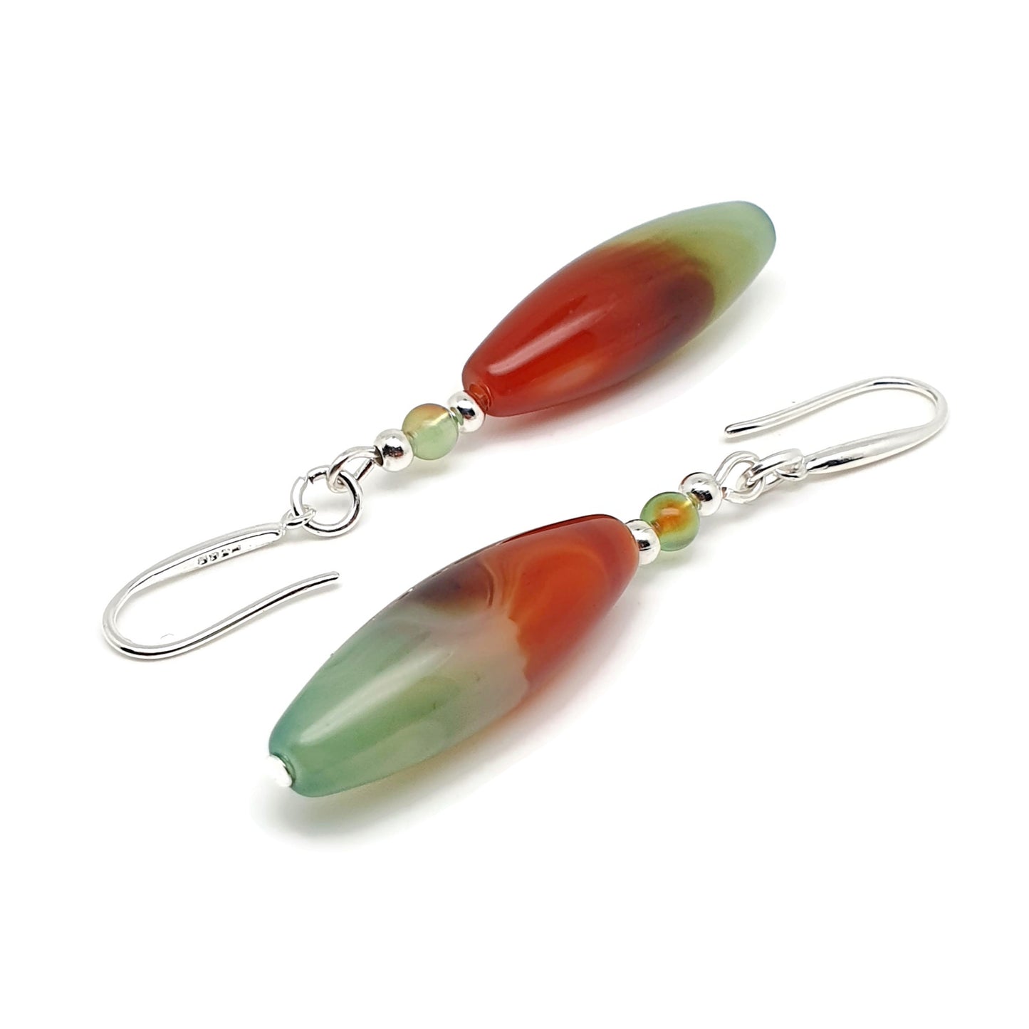 Colourful Peacock Agate Beaded Earrings Long Dangle Drop