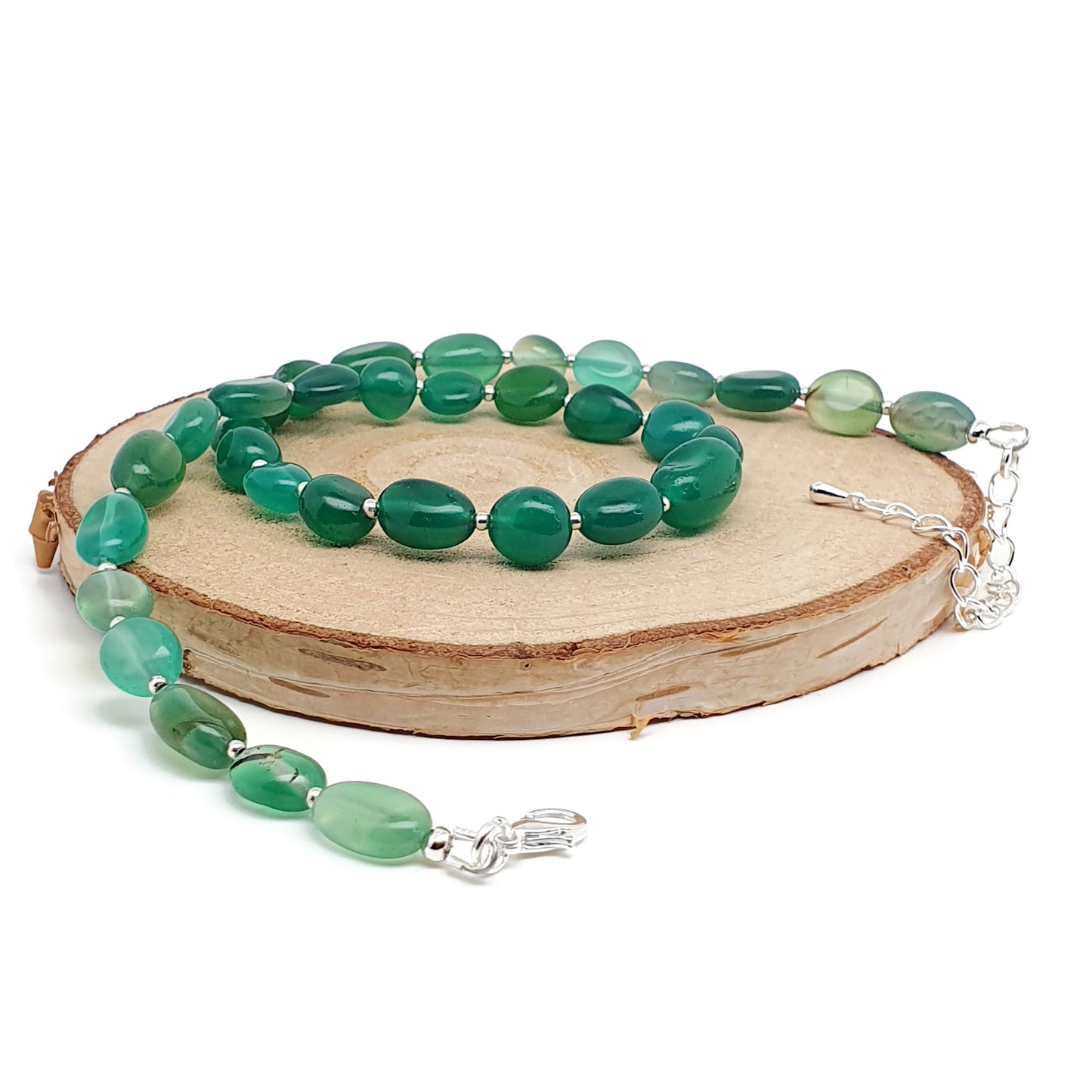 Green Agate Beaded Nuggets Collar Necklace Silver Plated