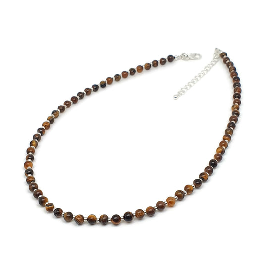 Brown Tiger's Eye Beaded Collar Necklace Silver Plated