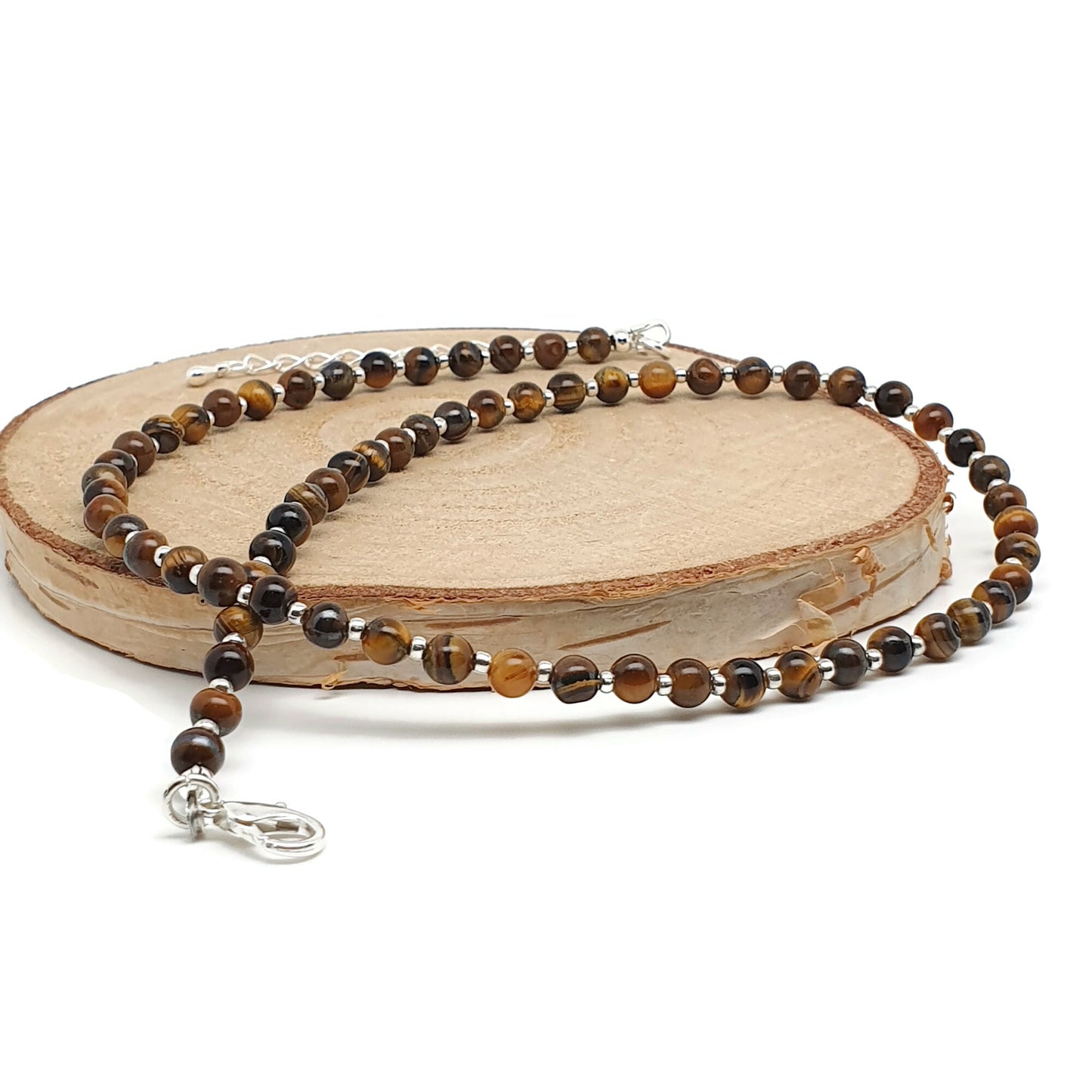 Brown Tiger's Eye Beaded Collar Necklace Silver Plated