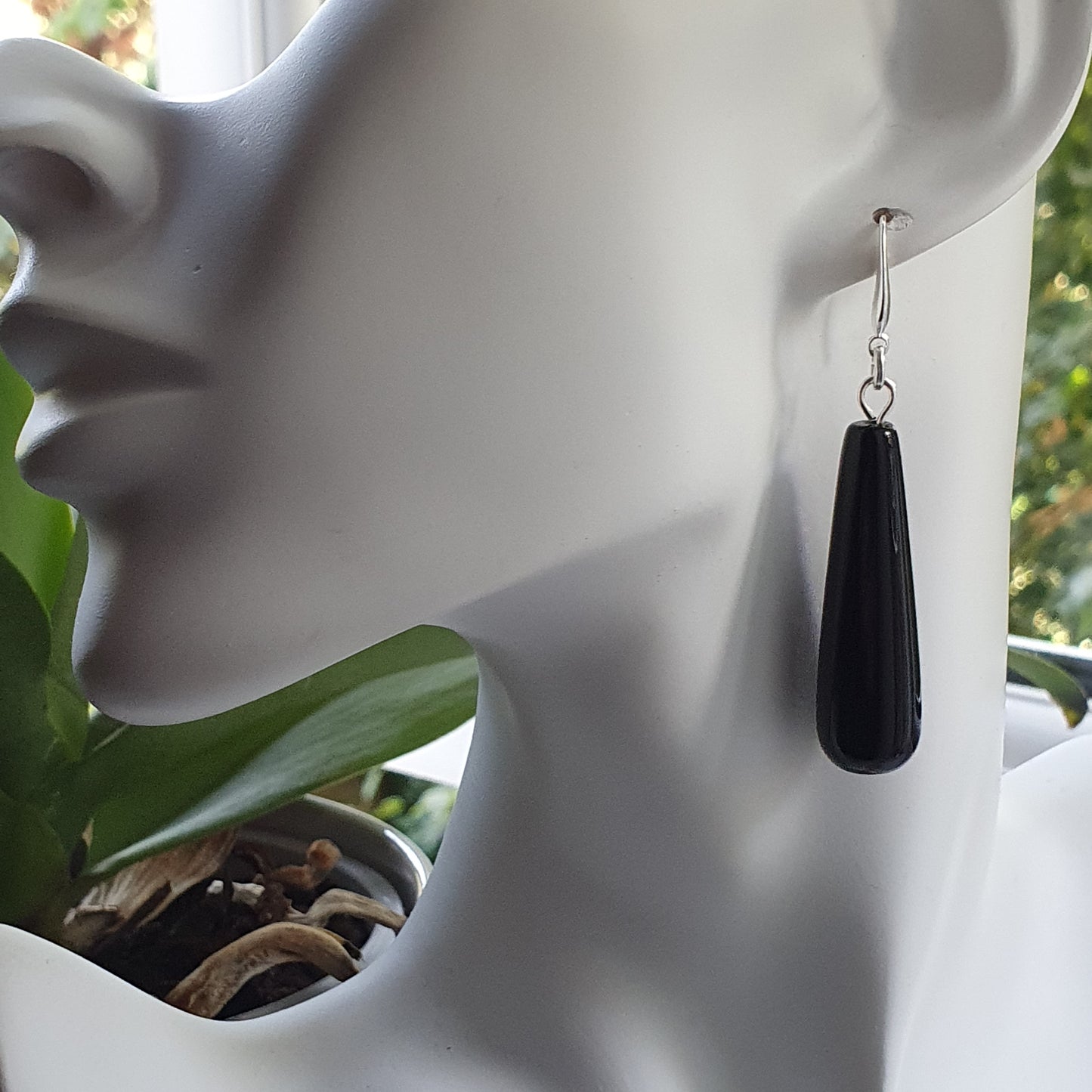 Black Agate Long Teardrop Dangle Boho Earrings