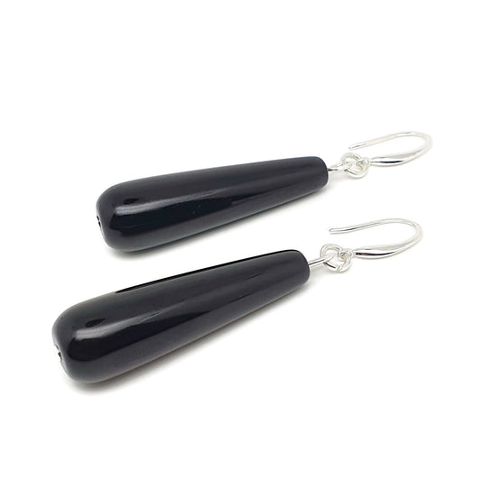 Black Agate Long Teardrop Dangle Boho Earrings