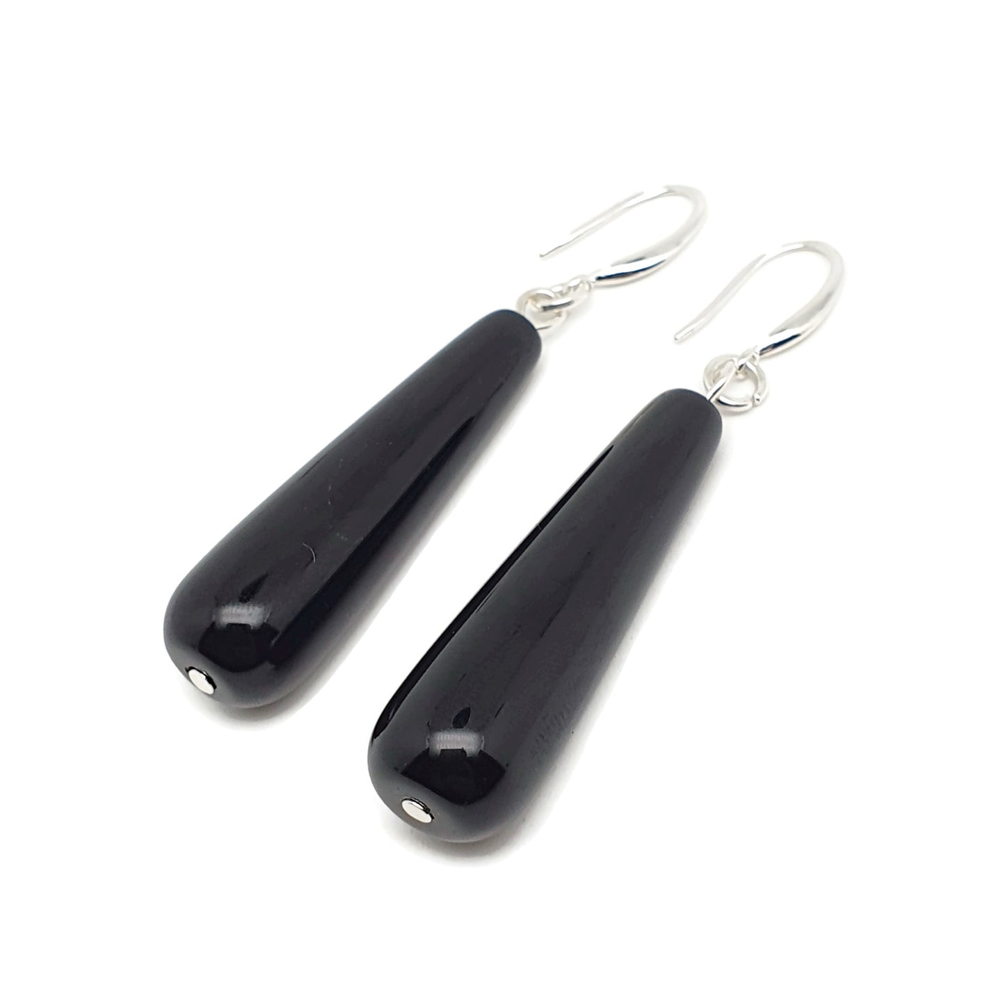 Black Agate Long Teardrop Dangle Boho Earrings