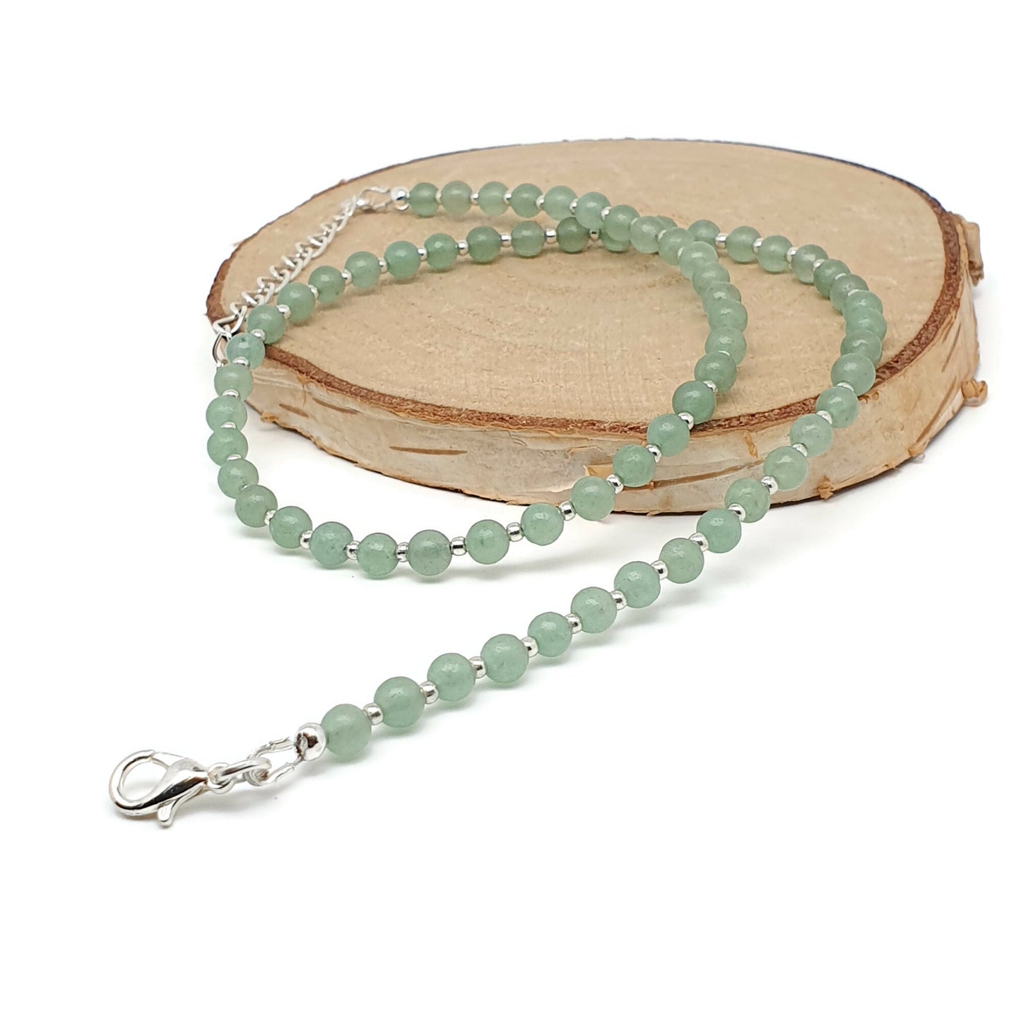 Green Aventurine Beaded Collar Necklace Silver Plated