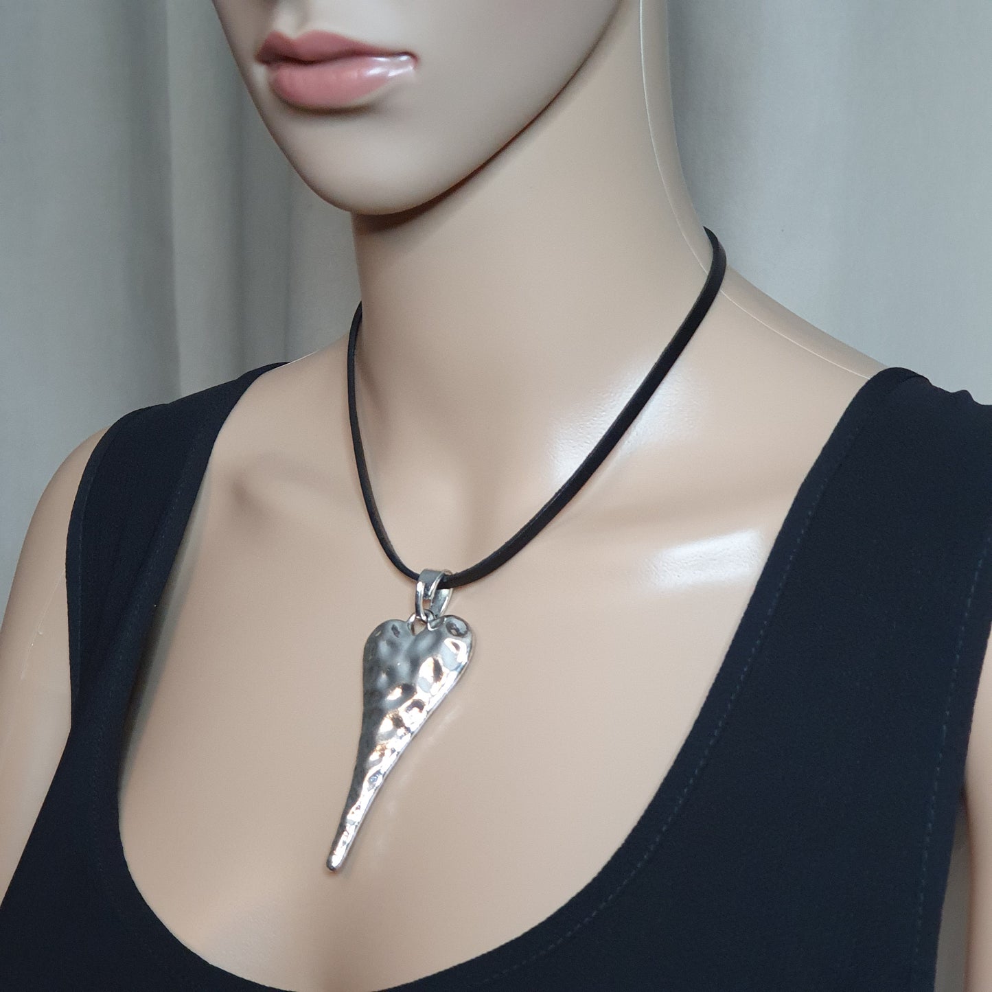 Large Heart Leather Cord Necklace Hammered Metal Vintage Style Pendant