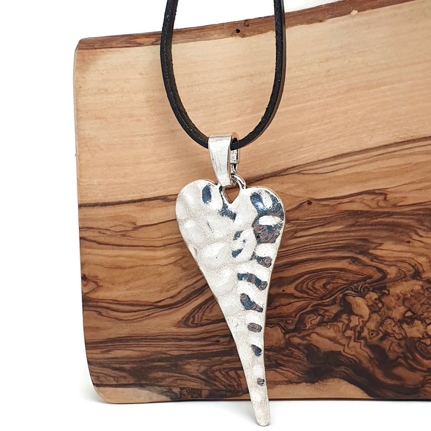 Large Heart Leather Cord Necklace Hammered Metal Vintage Style Pendant