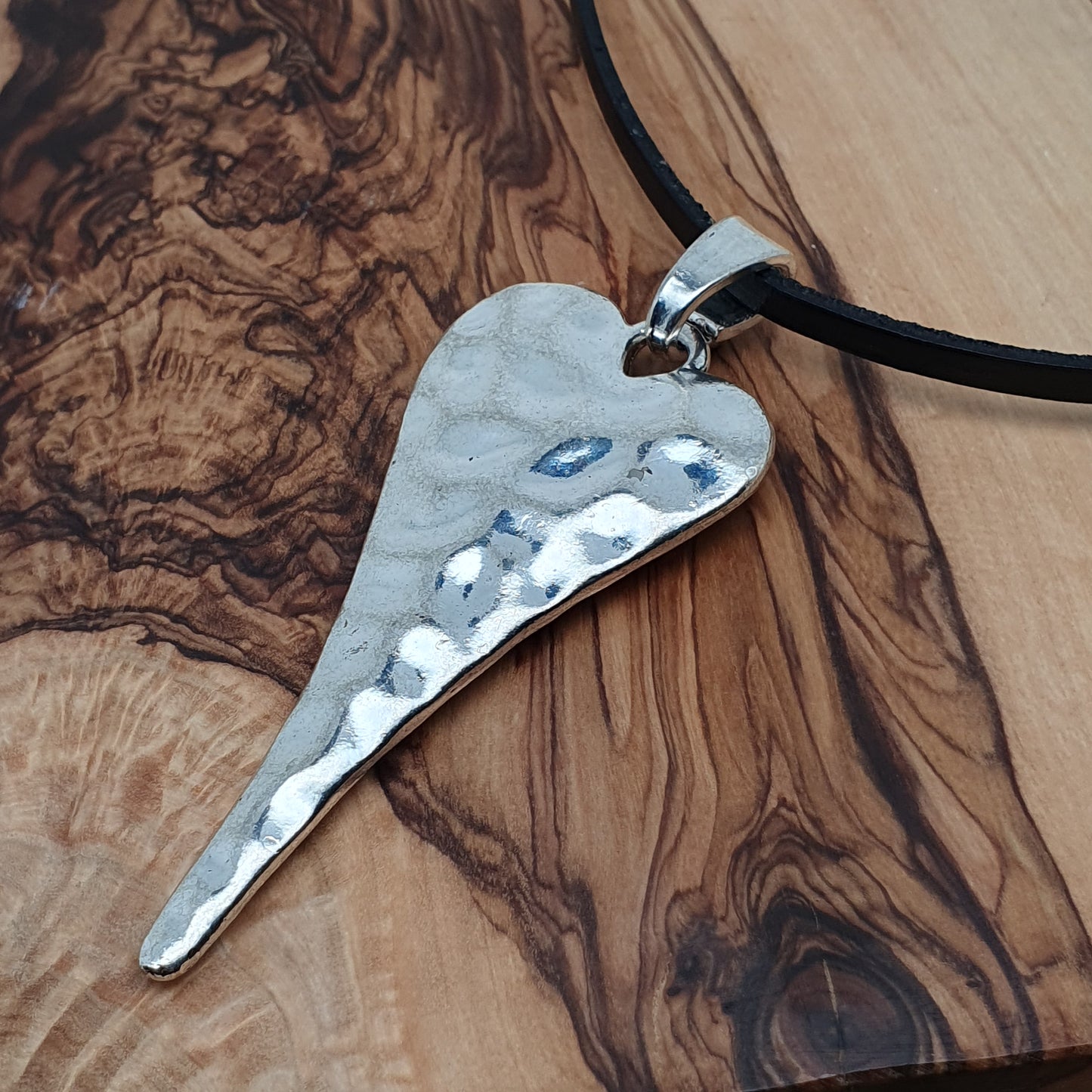 Large Heart Leather Cord Necklace Hammered Metal Vintage Style Pendant