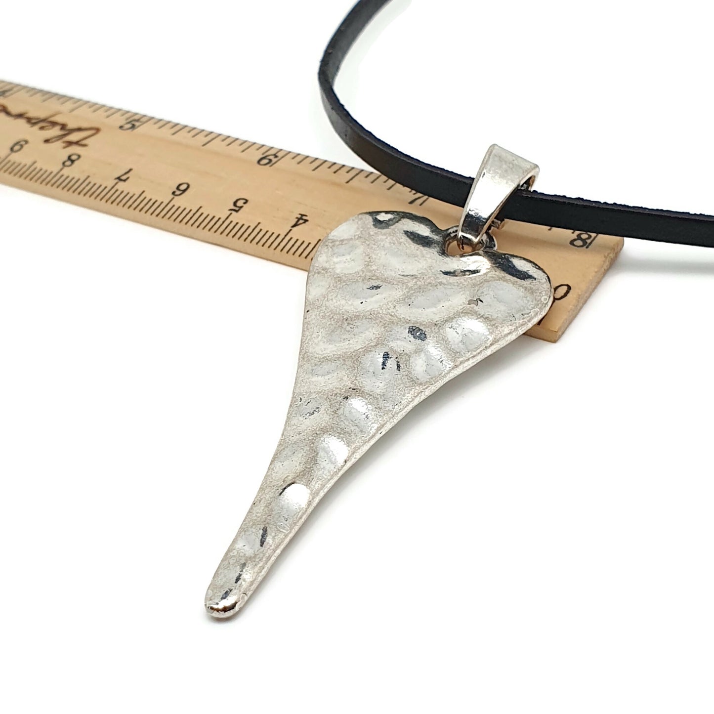 Large Heart Leather Cord Necklace Hammered Metal Vintage Style Pendant