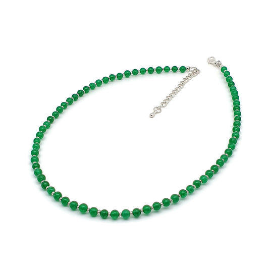 Green Jade Beaded Collar Necklace Silver Plated