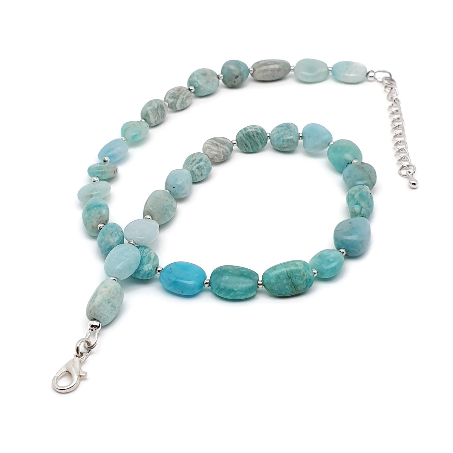 Blue Amazonite Beaded Nuggets Collar Necklace Silver Plated