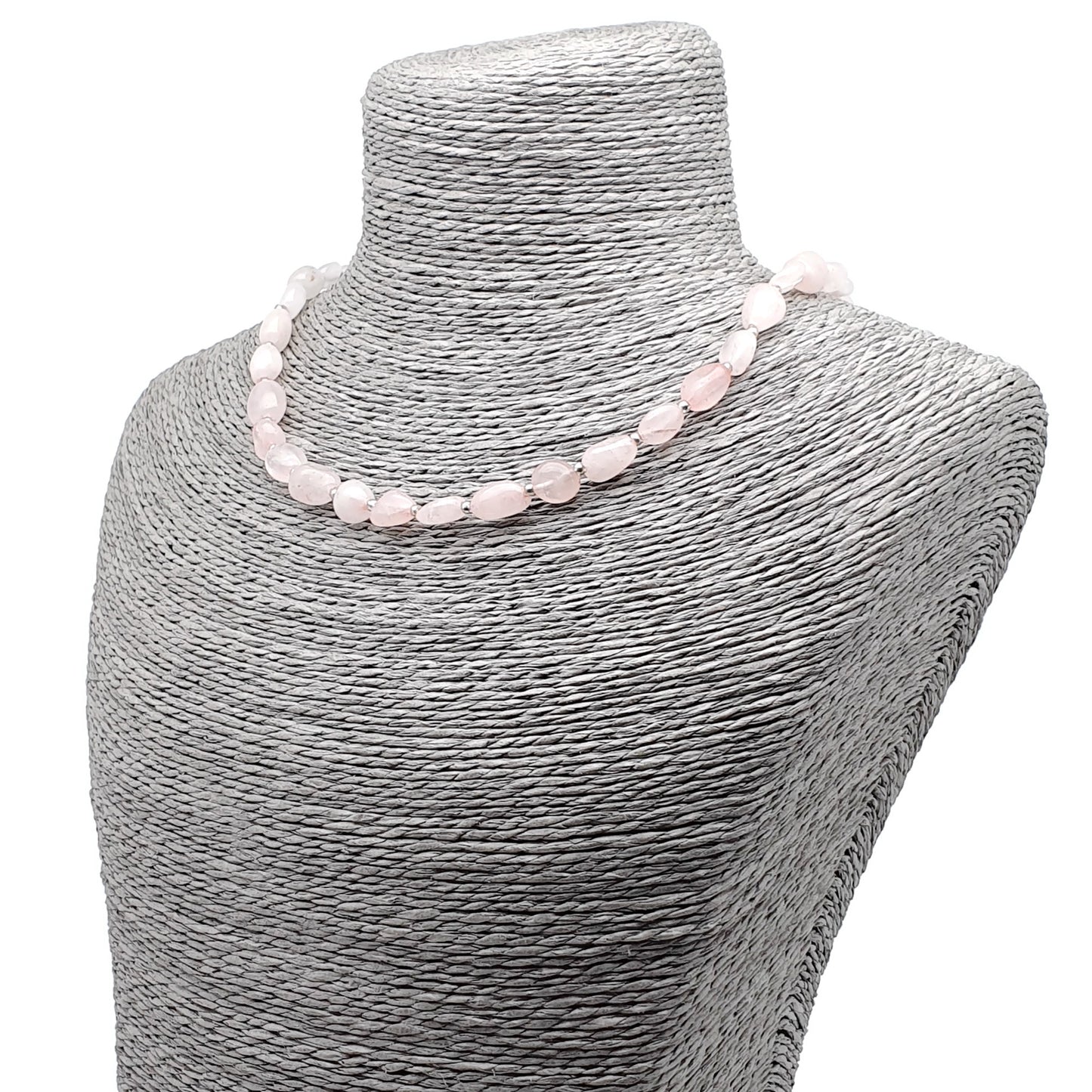 Rose Quartz Nuggets Necklace Beaded Natural Gemstone Collar Silver Plated