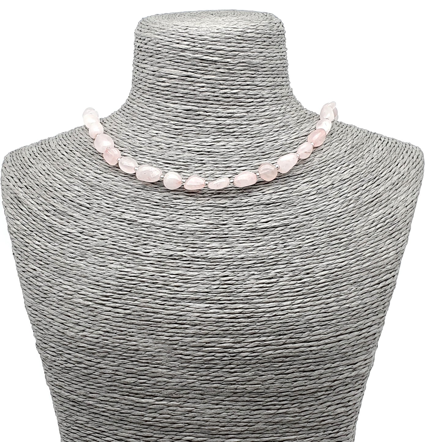 Rose Quartz Nuggets Necklace Beaded Natural Gemstone Collar Silver Plated