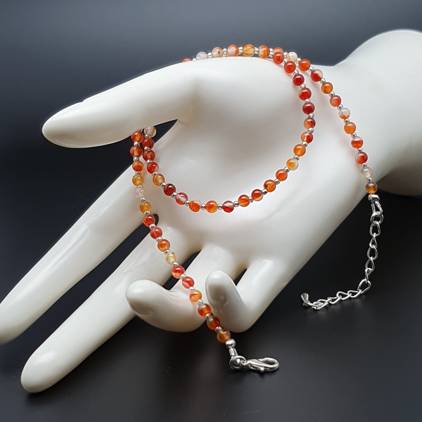 Burnt Orange Agate Beaded Collar Necklace Silver Plated