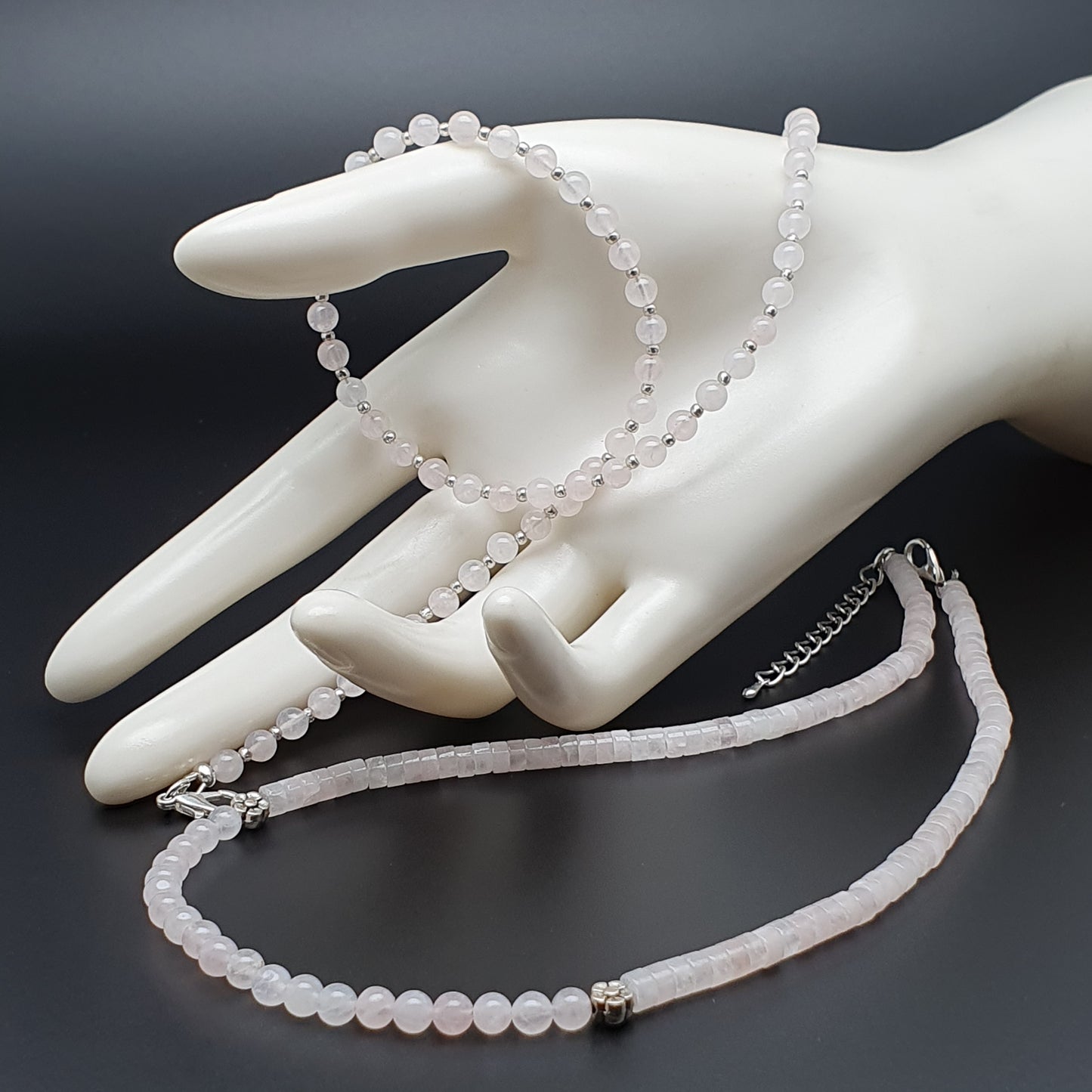 Pink Rose Quartz Beaded Collar Necklace Silver Plated