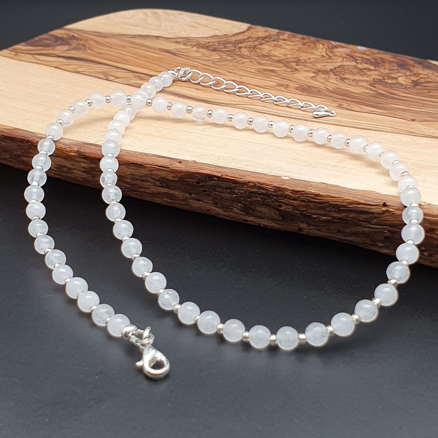 White Snow Quartz Beaded Collar Necklace Silver Plated